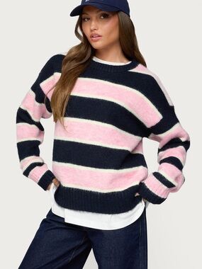 Edikted Conrad Striped Sweater Navy Pink Oversized Knit Pullover